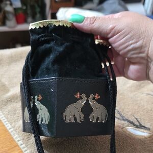 Vtg India Made Black Suede Gold Embossed Leather Sm Handbag Elephants